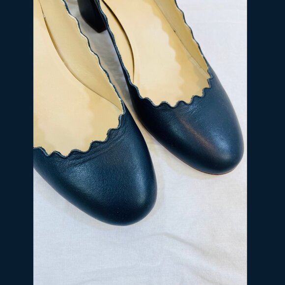 Chloe Scalloped Edge Blue Leather Block Heels - Size 39 - Picture 10 of 16
